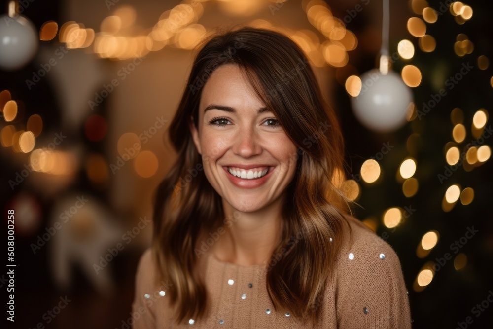 Portrait of a beautiful young woman with christmas lights in the background Portrait of a beautiful young woman with christmas lights in the background