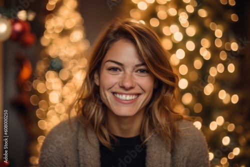 Portrait of a beautiful smiling young woman with christmas lights in the background