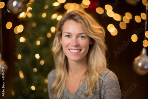 Portrait of a beautiful young woman in front of a Christmas tree