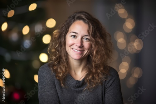 Portrait of a beautiful young woman with curly hair smiling at the camera