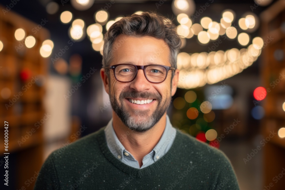 Fototapeta premium Portrait of a handsome man with glasses smiling at the camera in a coffee shop