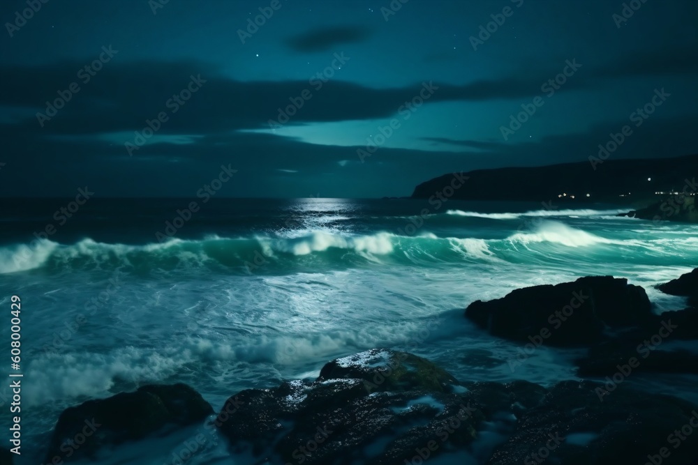 Fototapeta premium small wave on a rocky coast at night created with Generative AI technology