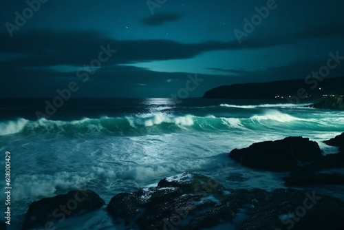 small wave on a rocky coast at night created with Generative AI technology © StockMedia