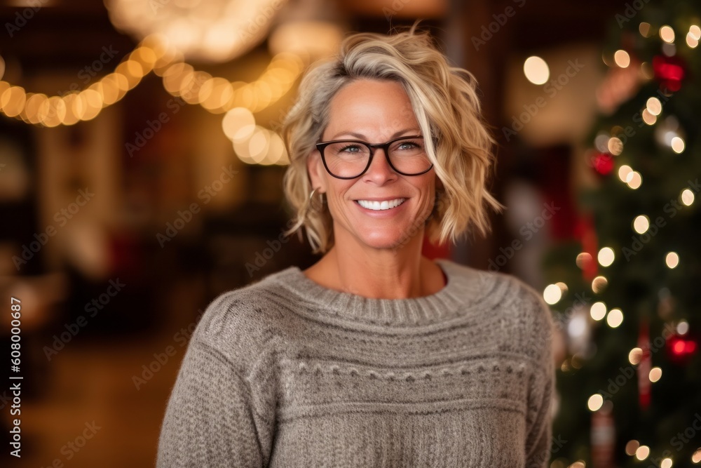 Portrait of smiling woman with glasses in front of christmas tree Portrait of smiling woman with glasses in front of christmas tree