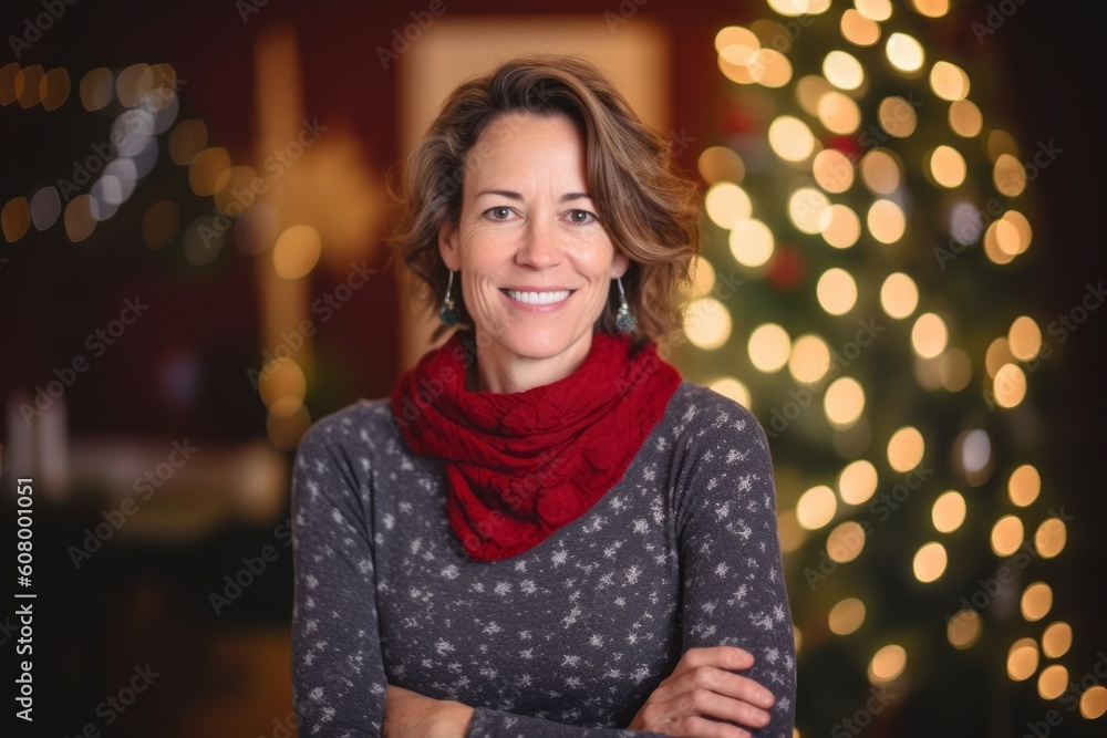 Portrait of smiling woman with arms crossed in front of christmas tree Portrait of smiling woman with arms crossed in front of christmas tree