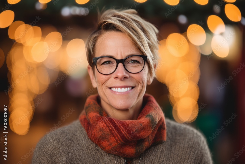Portrait of smiling woman wearing eyeglasses against blurred christmas lights Portrait of smiling woman wearing eyeglasses against blurred christmas lights