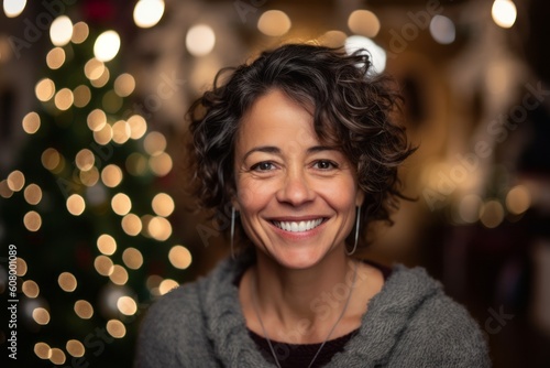 Portrait of a smiling woman in front of a christmas tree