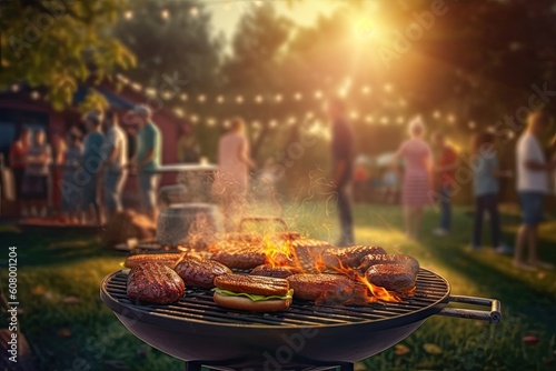 outdoor garden grill with burgers and sausages Generative AI