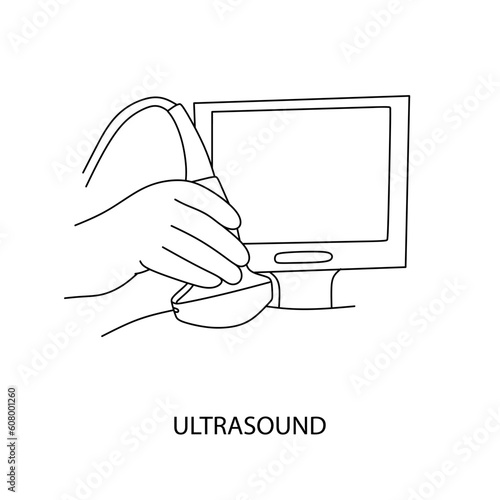 Ultrasound icon in linear style. Pregnancy ultrasound line icon. Pregnancy Scan outline sign. Hand holding ultrasound transducer, Preparing for a test or scan procedure. vector illustration 
