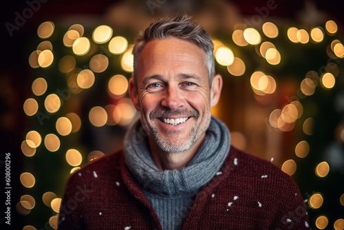 Portrait of a smiling senior man standing in front of christmas lights