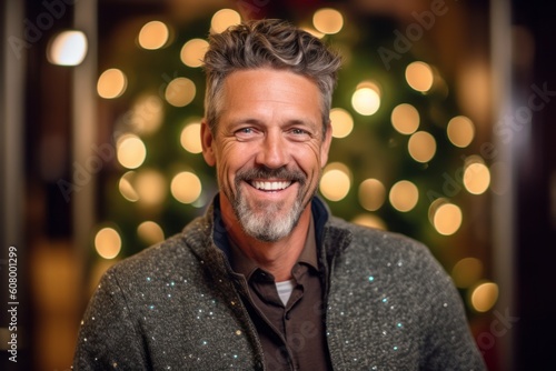 Portrait of a smiling middle-aged man with a beard against the background of a Christmas tree