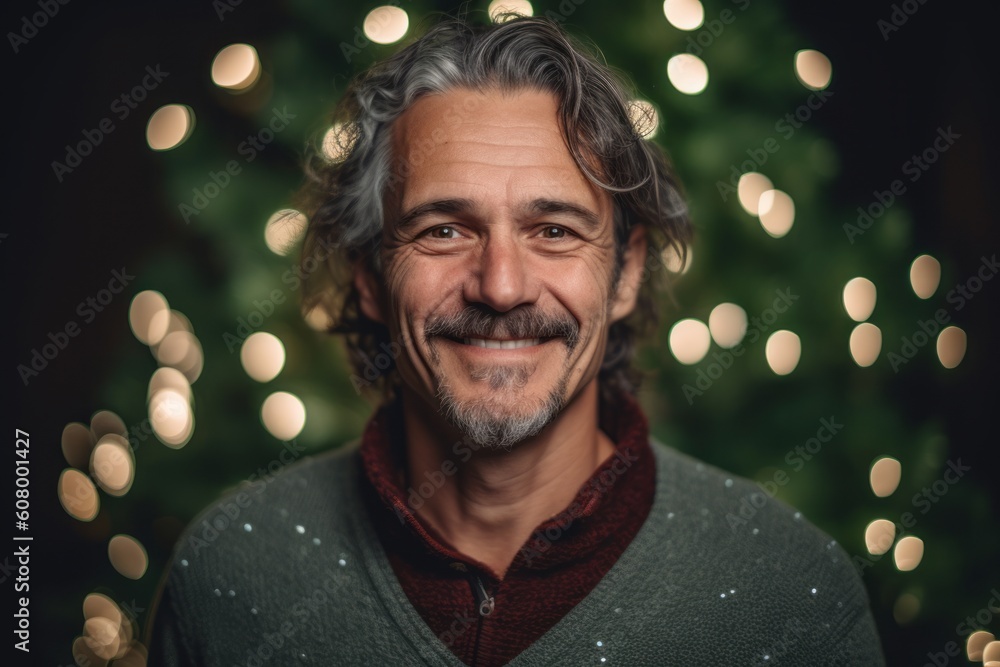 Portrait of a smiling middle-aged man on a background of a Christmas tree. Portrait of a smiling middle-aged man on a background of a Christmas tree.