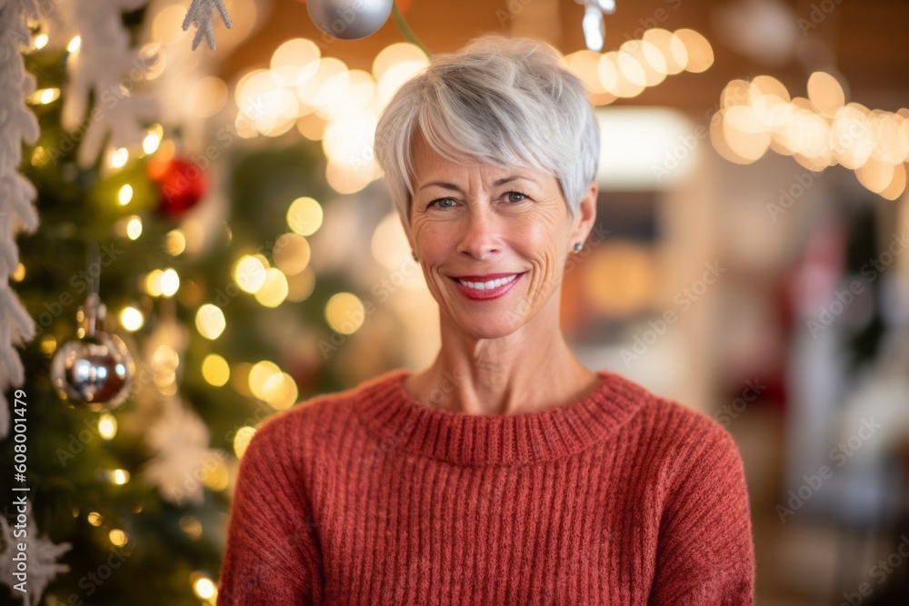 Portrait of smiling senior woman standing in front of christmas tree Portrait of smiling senior woman standing in front of christmas tree