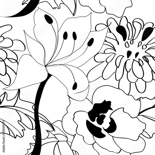 Black and white seamless pattern with flowers