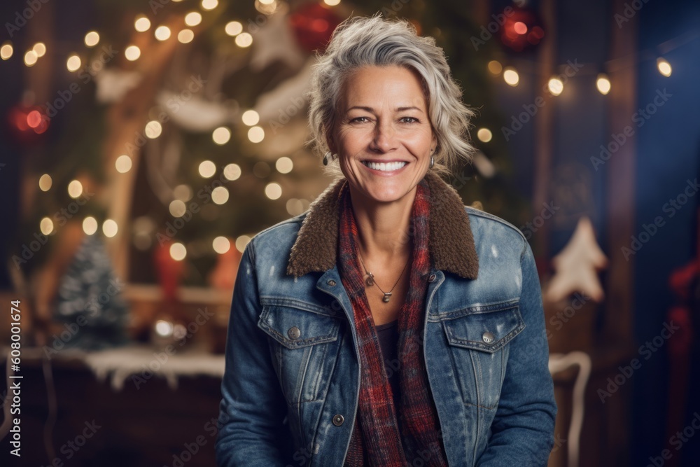 Portrait of smiling mature woman standing in front of christmas tree