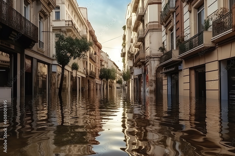 Naklejka premium high water level on a city European street from a flood, after a downpour or an avalanche. The concept of natural disaster insurance and life and property insurance.Generative AI