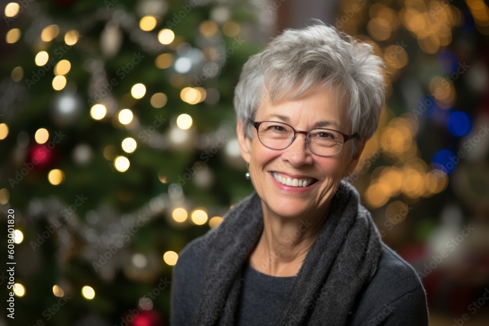 Portrait of smiling senior woman with Christmas tree in background at home Portrait of smiling senior woman with Christmas tree in background at home