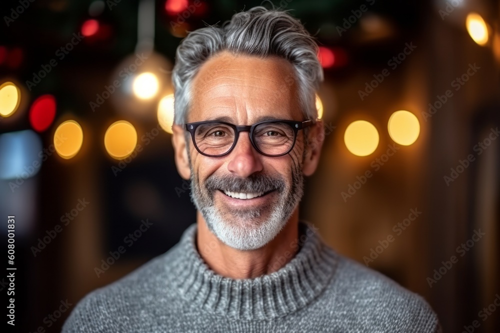 Portrait of smiling senior man with eyeglasses against christmas lights Portrait of smiling senior man with eyeglasses against christmas lights