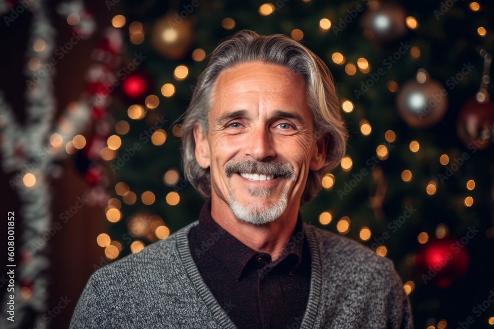 Portrait of a handsome mature man smiling at the camera while standing in front of a Christmas tree. Portrait of a handsome mature man smiling at the camera while standing in front of a Christmas tree.