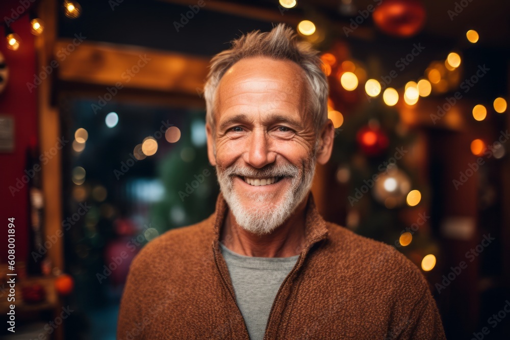 Obraz premium Portrait of smiling senior man standing in front of christmas tree