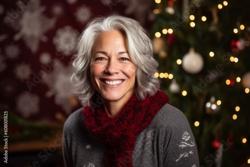 Portrait of a smiling senior woman in front of christmas tree