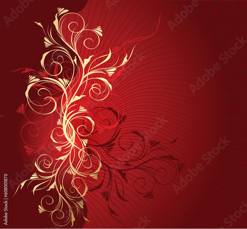 Vector red and gold floral background with pattern