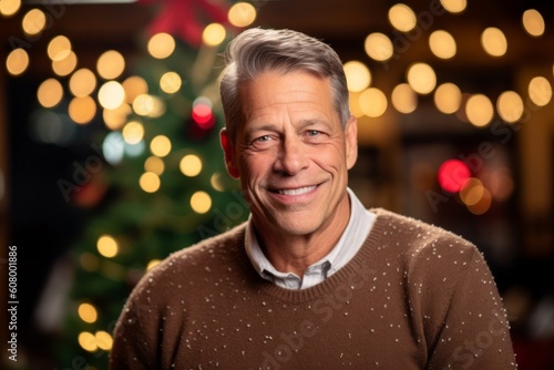Portrait of a smiling senior man in front of christmas lights