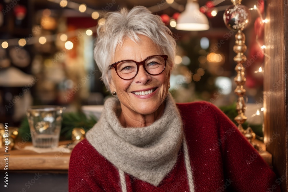 Portrait of smiling senior woman in eyeglasses at christmas market Portrait of smiling senior woman in eyeglasses at christmas market