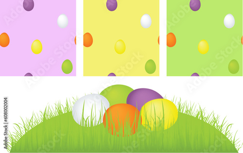 Easter Eggs on grass field and Easter pattern