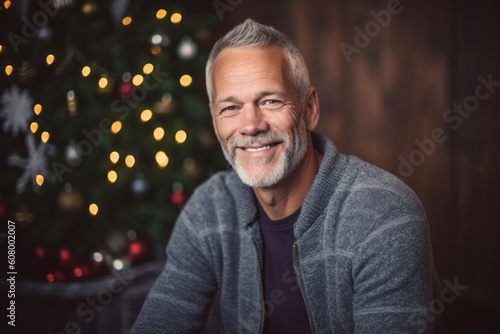 Portrait of a smiling senior man in front of christmas tree
