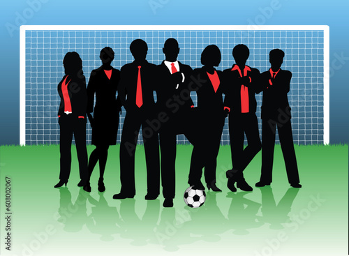 Editable vector illustration of a business team on a soccer pitch
