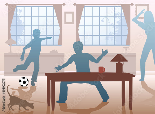 Editable vector illustration of boys playing football indoors
