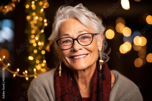 senior woman in eyeglasses with christmas lights on background © Robert MEYNER