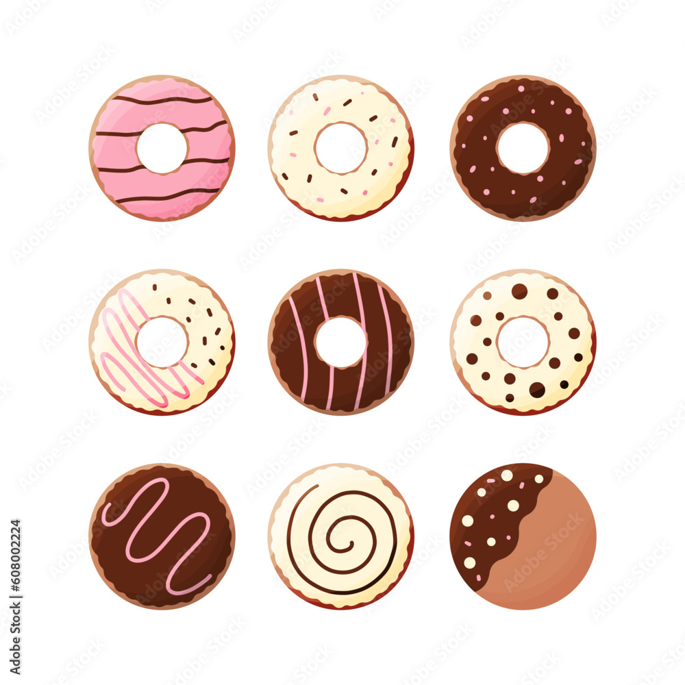 Obraz premium donuts colored icing chocolate food set vector