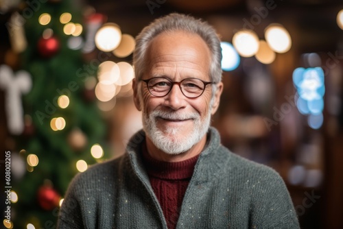 Portrait of a senior man with eyeglasses in front of christmas tree