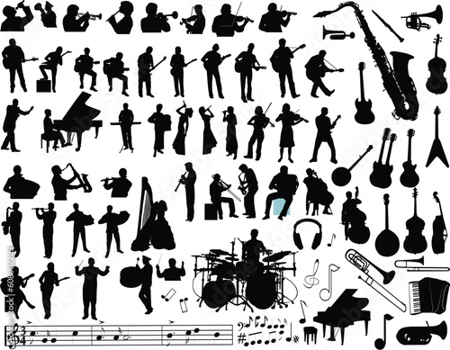 Vector silhouettes of musicians, music instruments and symbols