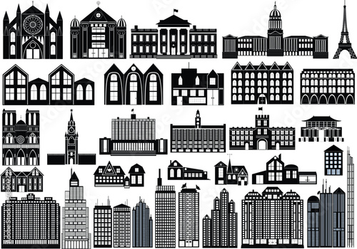 Set of black symbols of buildings, including famous