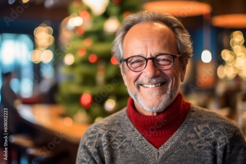 Portrait of a senior man with glasses at christmas time.