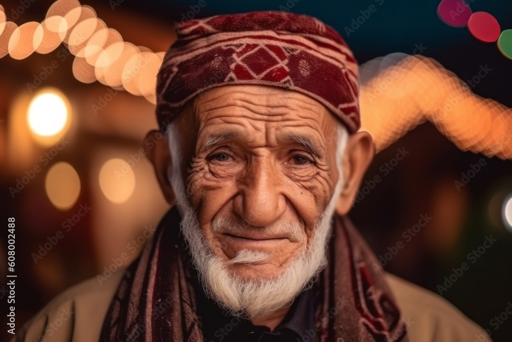 Portrait of an old indian man at night in the city
