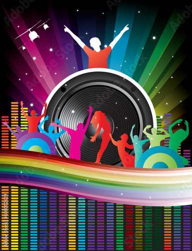 rainbow background with crazy dj and dancers equalizer for flyers