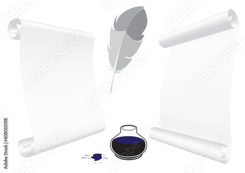 Paper backgrounds and feather for writing with ink in inkwell