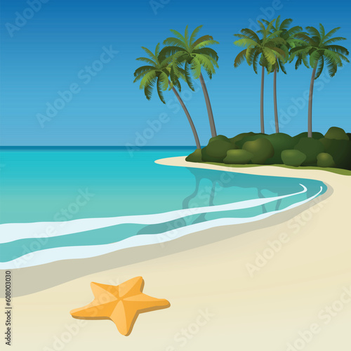 Illustration of a white sand tropical beach with palm trees and a starfish. All objects are grouped and easy to edit or separate.