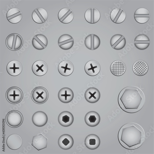 Set of screw, nut, bolt on the gray background