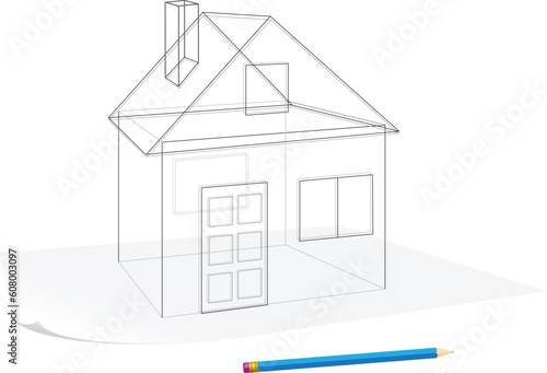 Abstract transparent house sketch drawing with pen on a paper