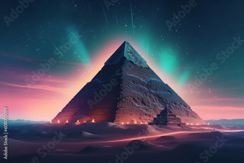 beautiful luminous pyramid in the desert created with Generative AI technology