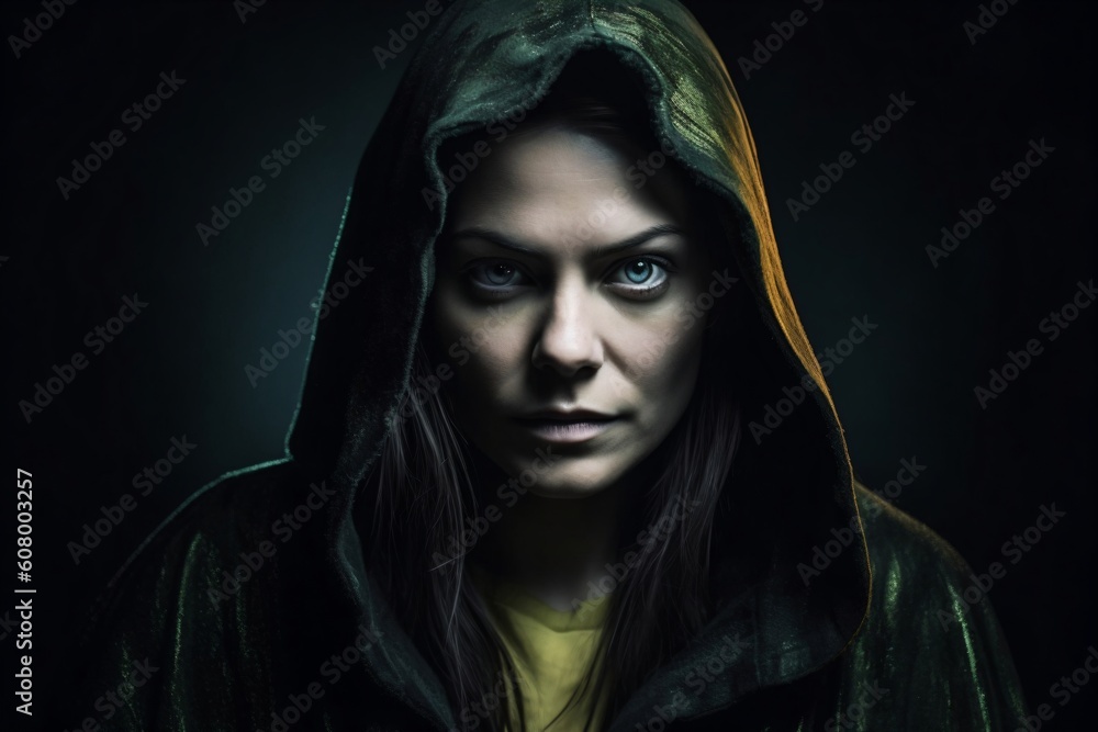 young woman wears hooded jacket with long hair created with Generative AI technology young woman wears hooded jacket with long hair created with Generative AI technology