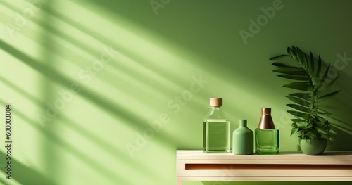 Green background for perfume, jewellery and cosmetic products. Front view. Product display with shadows and natural sun light. Ai generative.