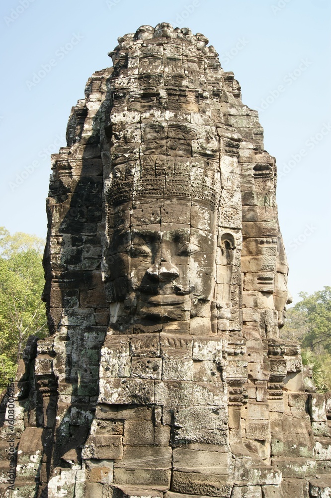 Closeup of a face in the stone in the Buddhist Bayon Temple in Siem Reap, Cambodia