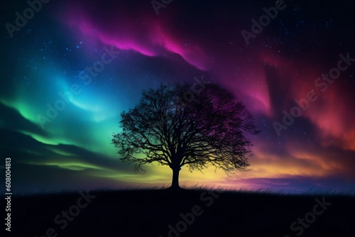 the sky above a tree shines in rainbow colors created with Generative AI technology