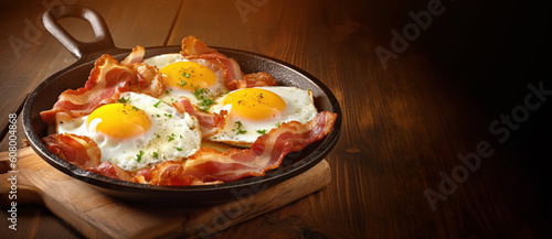 Composition with tasty fried eggs and bacon on wooden table with copy space.